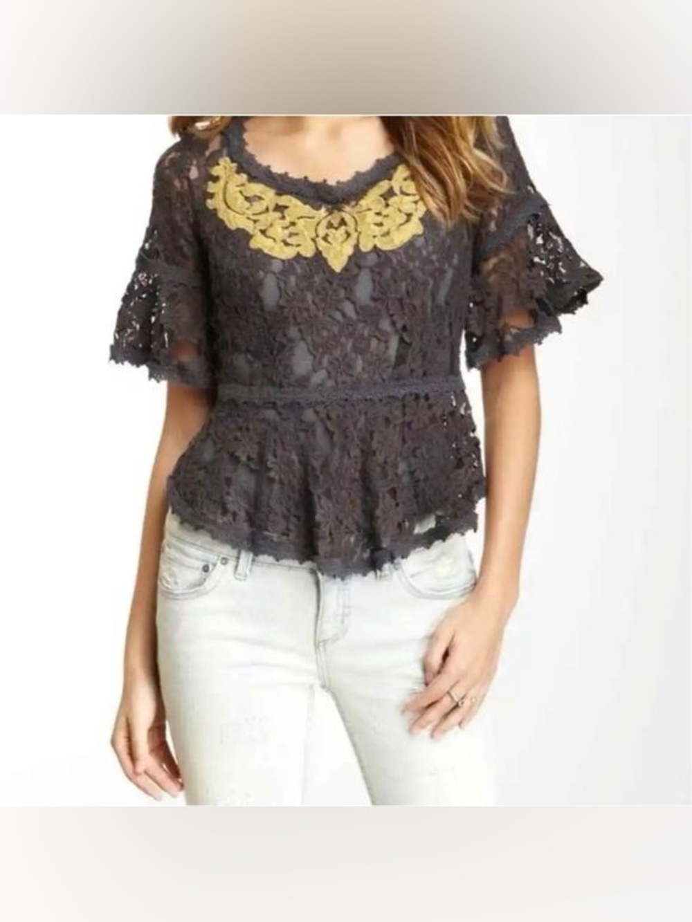 Free People Sheer Lace Scoop Neck Peplum Top With Gold Embroidered Detailing S/M